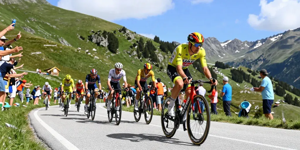 Risultati ciclismo alla Vuelta a España, Tadej Pogačar in corsa con altri ciclisti in un paesaggio montano.