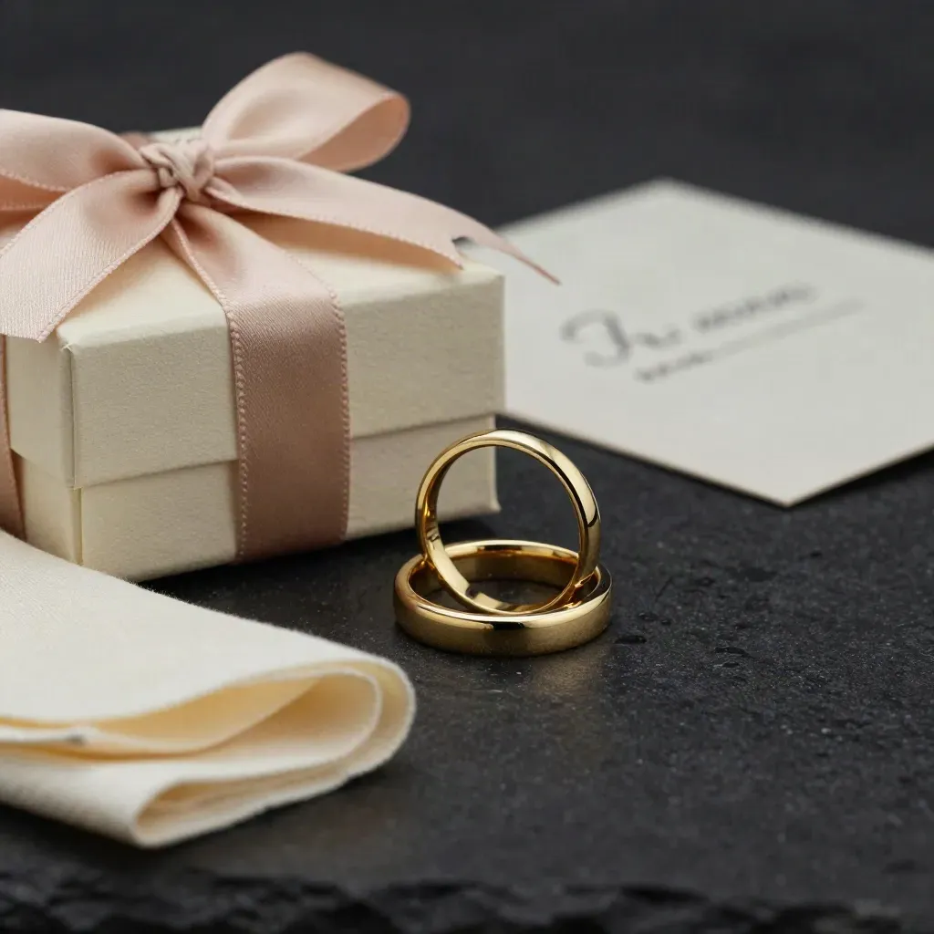 Anello d’oro su scatola regalo aperta e cuscino, in studio scuro con riflessi caldi.