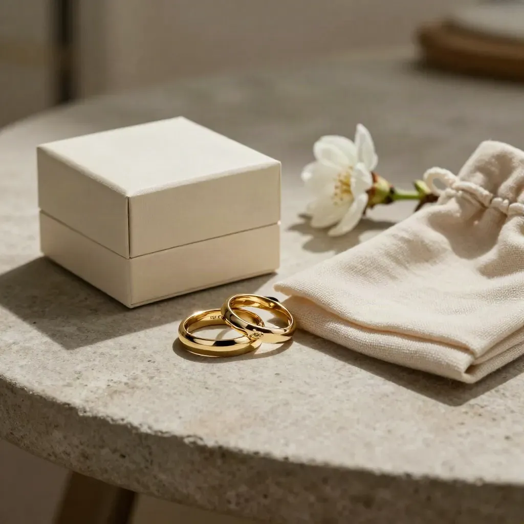 Due fedi d’oro accanto a una scatola crema, sacchetto di lino e un fiore bianco su pietra.