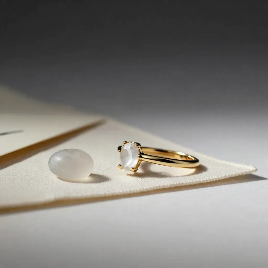 Anello solitario d’oro con pietra bianca su lino avorio e piccolo sasso chiaro
