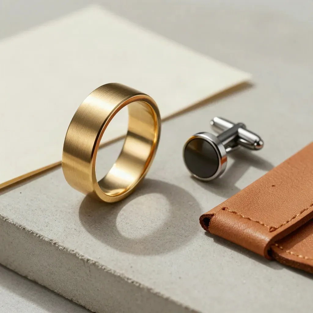 Anello d’oro uomo con gemello e striscia di pelle su cemento chiaro.