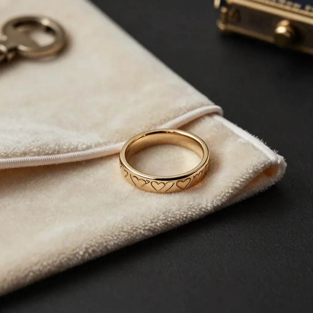 Anello d’oro con cuori incisi nel velluto crema, luce drammatica e riflessi champagne