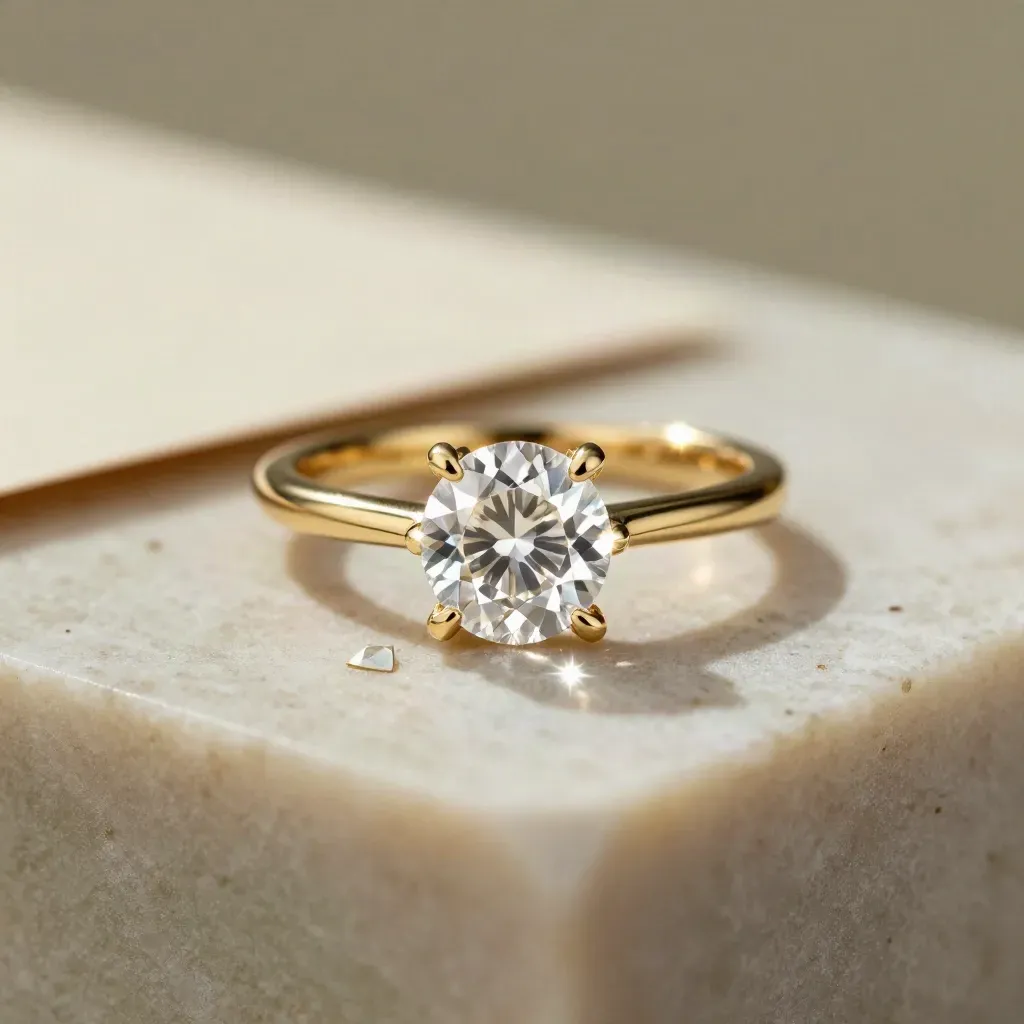 Anello solitario d’oro con pietra brillante e secondo anello sfocato su base chiara.