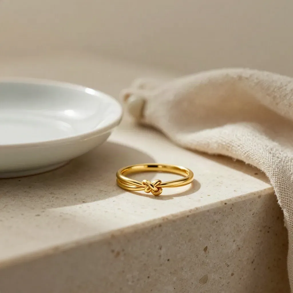 Anello d’oro a nodo su vassoio in ceramica con lino piegato e sfondo morbido
