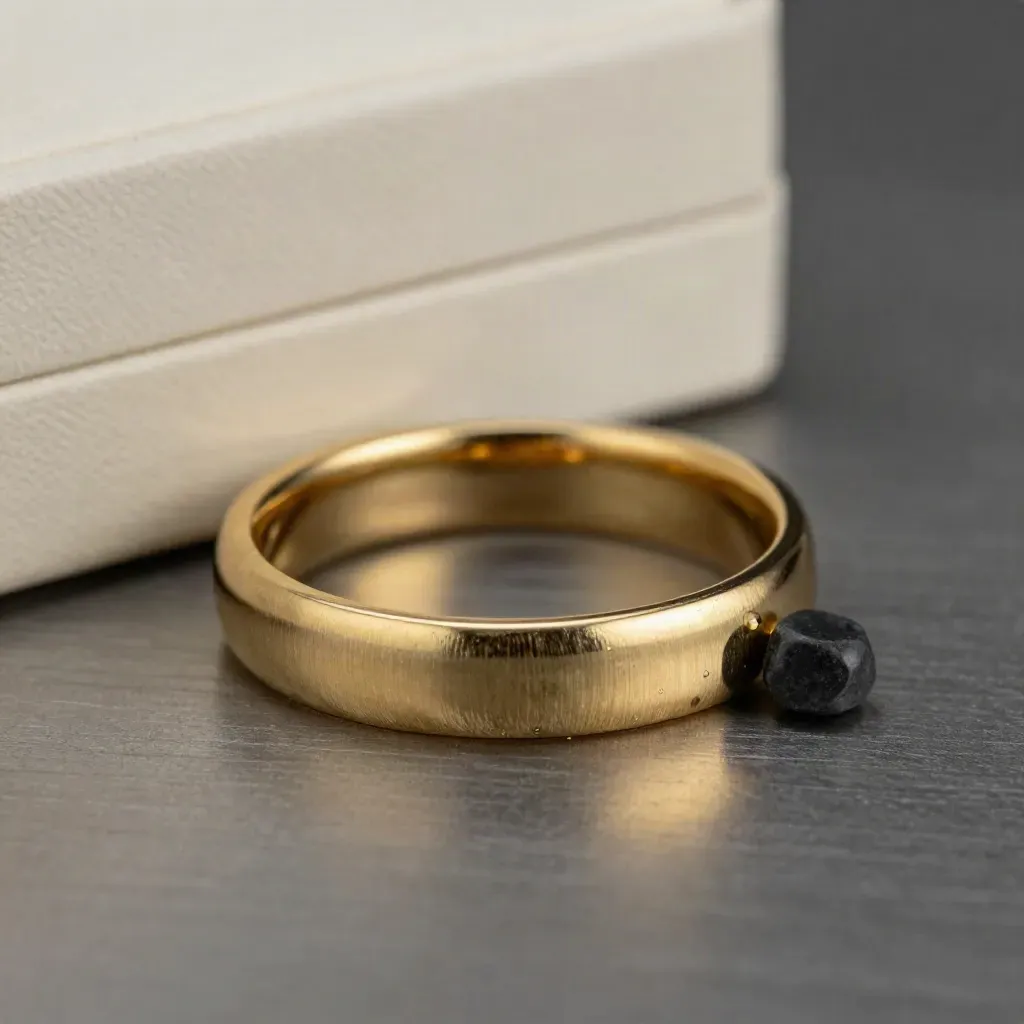 Anello d’oro bombato in macro su metallo spazzolato con pietra scura e vapore.