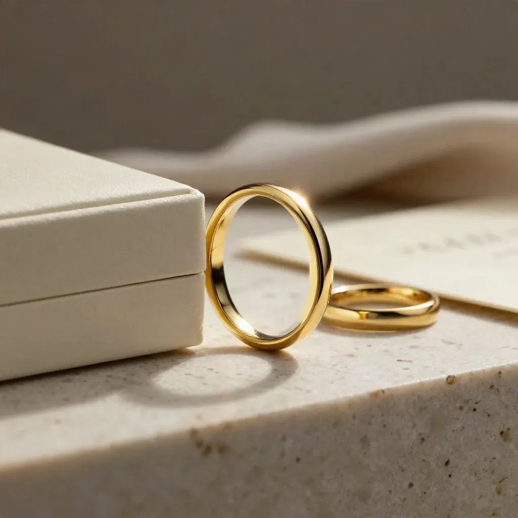 Anello d’oro lucido su base in travertino chiaro con bordo di scatola avorio sfocato.