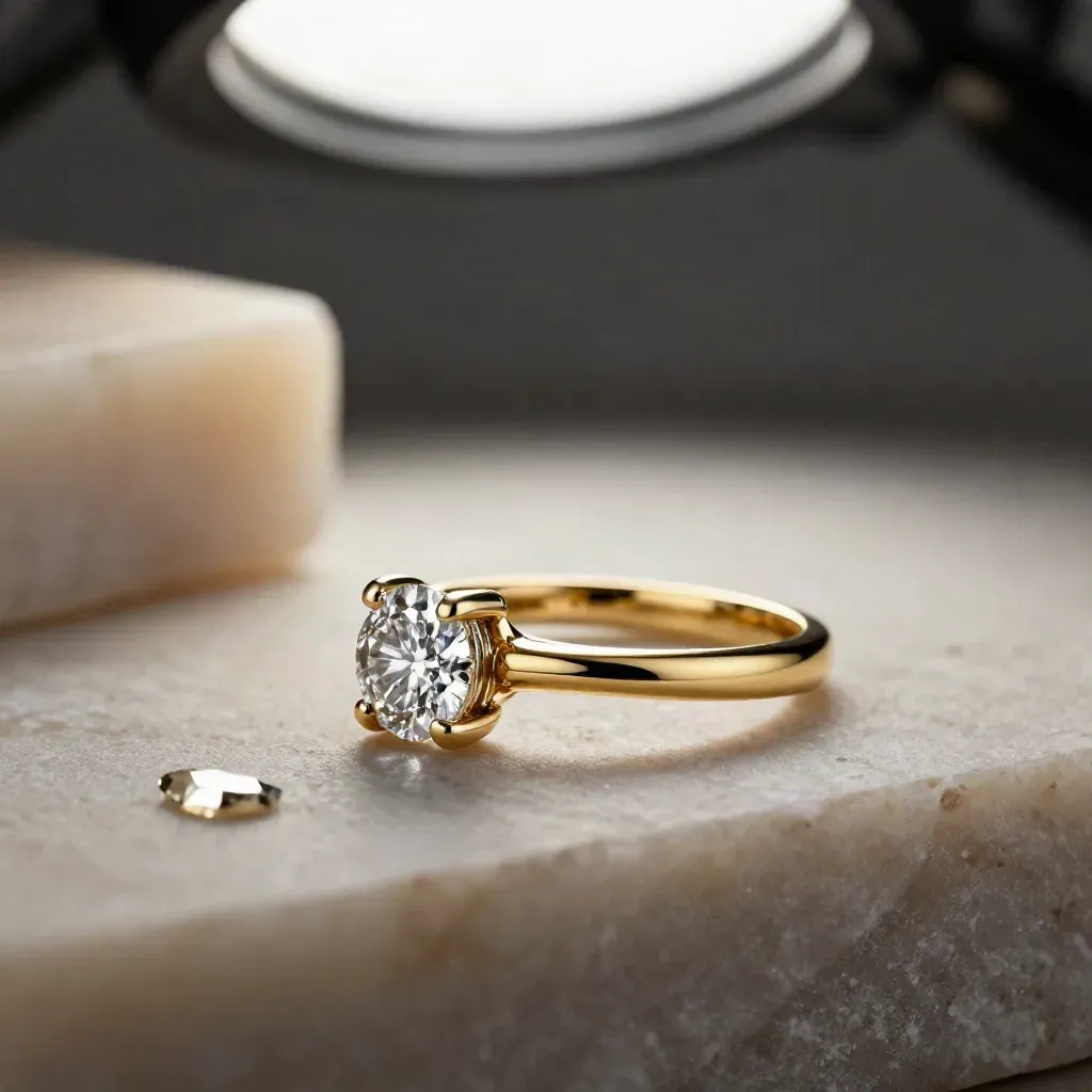 Anello d’oro con diamante su pietra opaca, in macro laterale luminoso.