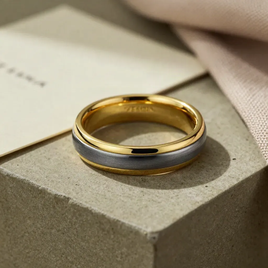 Anello uomo in oro 18 kt accanto a pietra grafite, metallo spazzolato e tessuto chiaro.