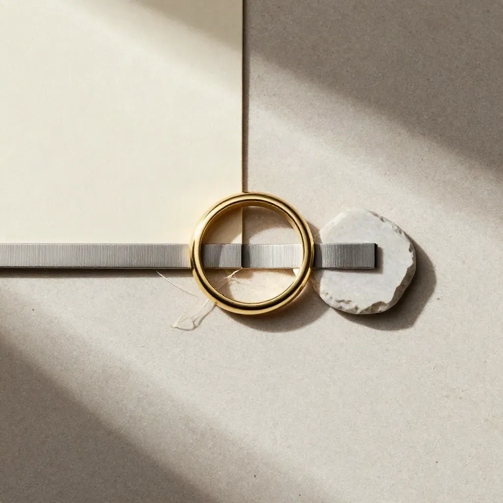 Flat lay dall’alto di una fede doppio bordo in oro giallo con card avorio e pietra levigata