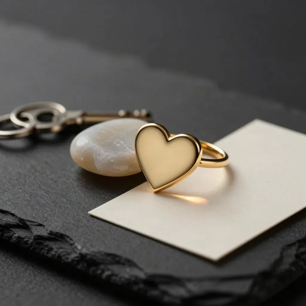 Anello a cuore in oro su lastra nera con pietra levigata, luce drammatica