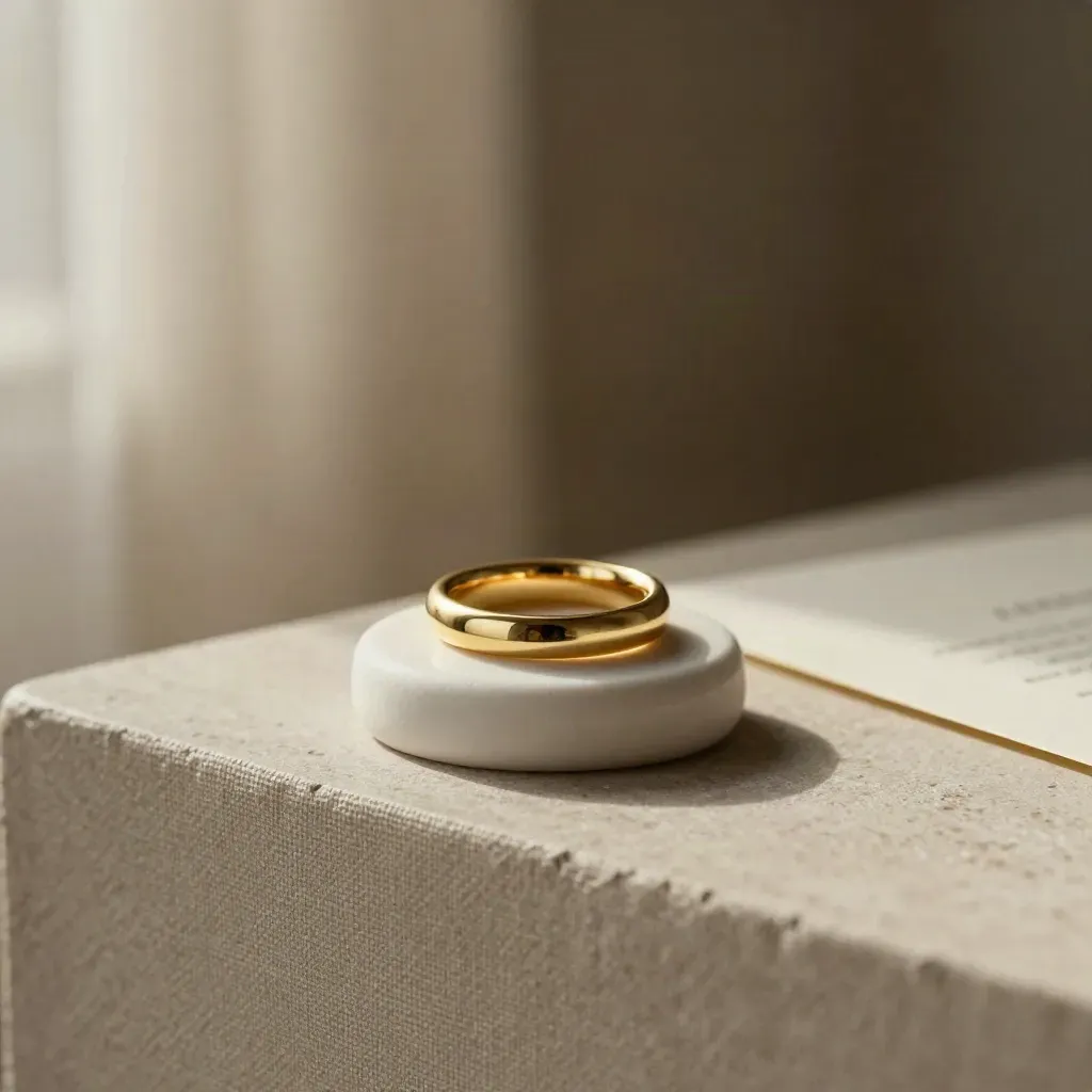 Anello d’oro su supporto chiaro con lino, luce morbida e atmosfera elegante.