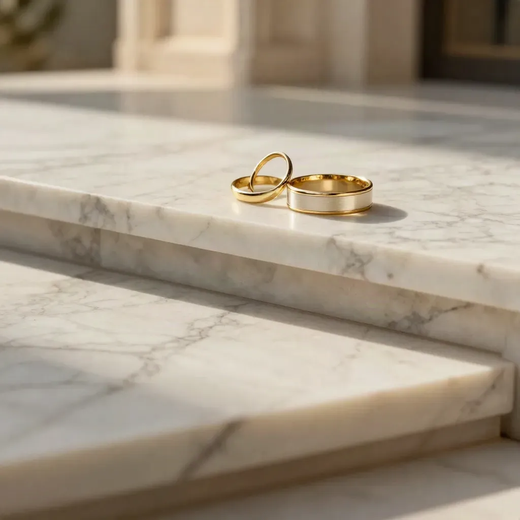 Anelli d’oro su terrazza di marmo chiaro con luce calda e sfondo sfocato.