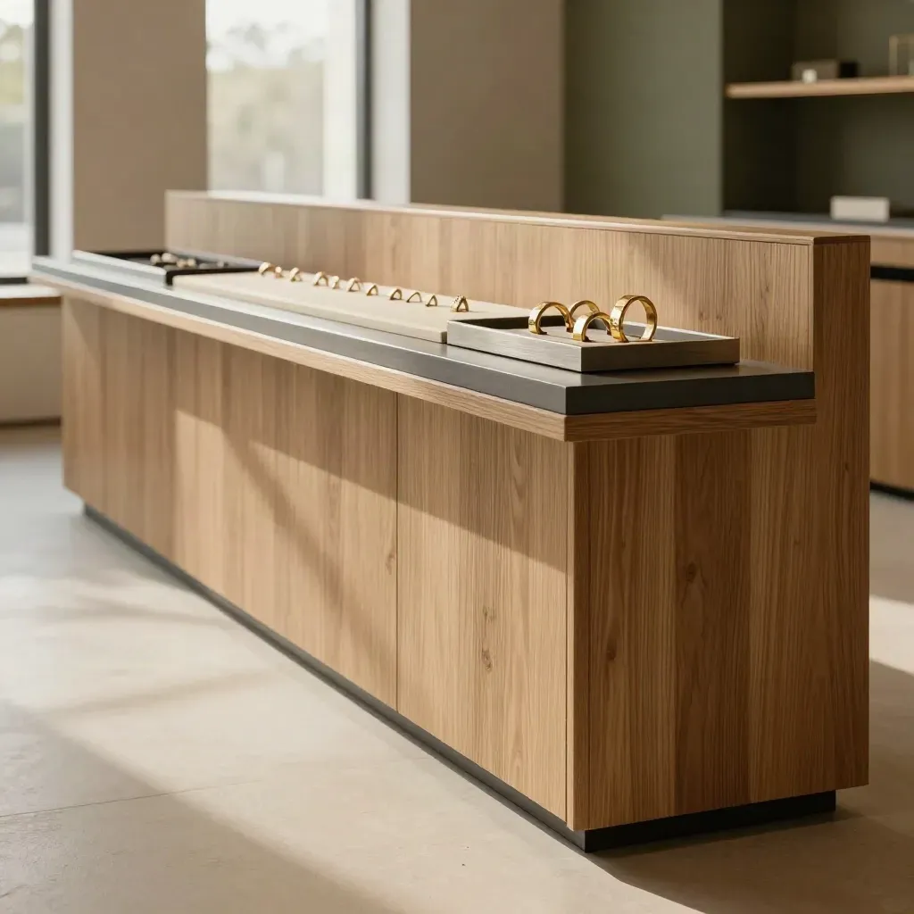 Showroom in rovere con anelli d’oro in alto e luce morbida sul pavimento.