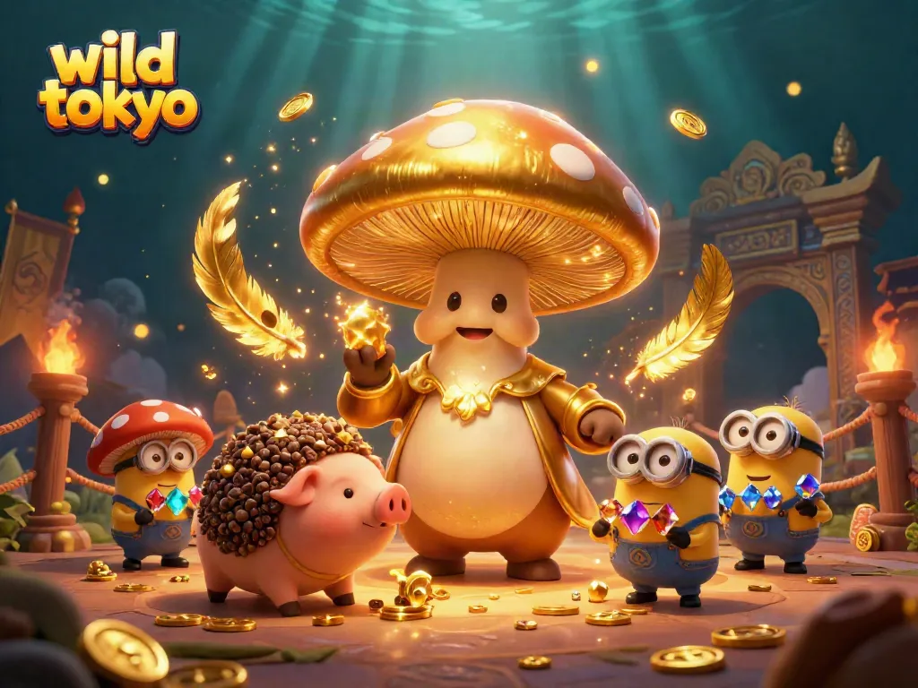 Explore the magical treasures of wild tokyo with a golden mushroom wizard and enchanting game elements.