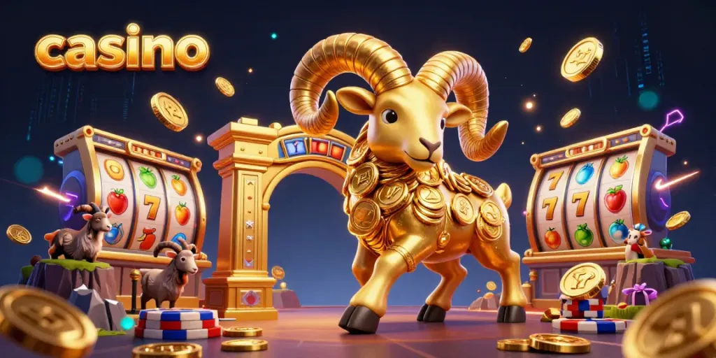 Experience thrilling casino excitement with dynamic slots, golden ram, and vibrant gaming elements.