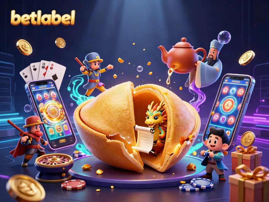 Win big with betlabel as a giant fortune cookie reveals secrets, surrounded by rich gaming elements.